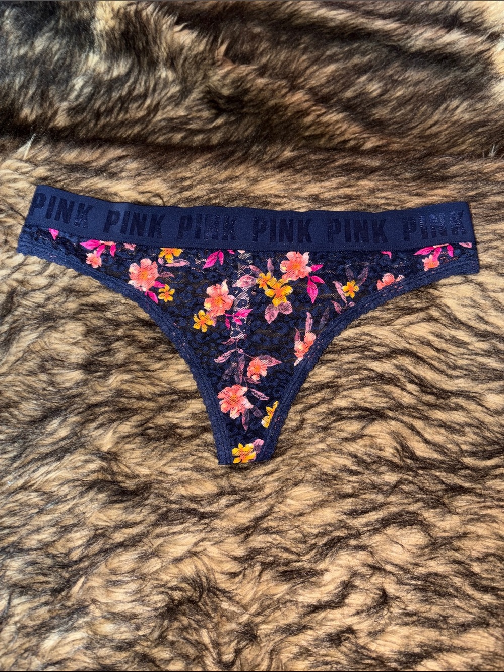 VICTORIA'S SECRET PINK FLORAL LEOPARD LACE THICK BAND RARE THONG PANTIES Size L